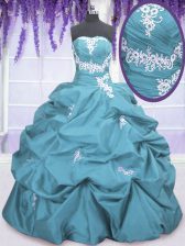 Dynamic Teal Ball Gowns Strapless Sleeveless Taffeta Floor Length Lace Up Appliques and Pick Ups Quinceanera Gowns