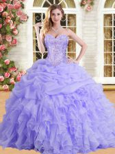 Smart Lavender Ball Gowns Sweetheart Sleeveless Organza Floor Length Lace Up Beading and Appliques and Ruffles Sweet 16 Dress