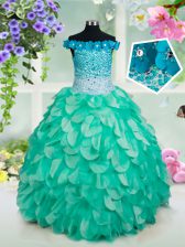 Hot Sale Off the Shoulder Floor Length Lace Up Child Pageant Dress Turquoise for Quinceanera and Wedding Party with Beading and Appliques and Ruffles