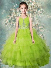  Yellow Green Organza Zipper Halter Top Sleeveless Floor Length Pageant Gowns For Girls Beading and Ruffled Layers