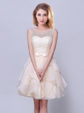 Latest Scoop Champagne Sleeveless Lace and Ruffles and Belt Mini Length Quinceanera Court of Honor Dress
