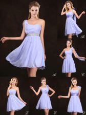  Sleeveless Vestidos de Damas Mini Length Ruffles and Sequins and Ruching and Bowknot and Hand Made Flower Lavender Chiffon