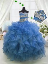  Sleeveless Floor Length Beading and Ruffles Lace Up Kids Pageant Dress with Blue