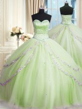 Ideal Yellow Green Tulle Lace Up Sweetheart Sleeveless With Train 15 Quinceanera Dress Court Train Beading and Appliques