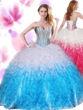 Graceful Beading and Ruffles Quinceanera Dresses Blue And White Lace Up Sleeveless Floor Length