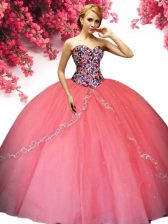 Shining Beading 15th Birthday Dress Watermelon Red Lace Up Sleeveless Floor Length