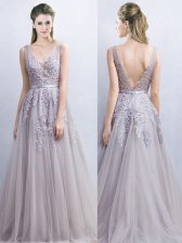  Tulle V-neck Sleeveless Brush Train Backless Appliques and Belt Prom Dress in Grey