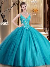 New Style Teal Ball Gowns Beading and Lace and Appliques Sweet 16 Quinceanera Dress Lace Up Tulle Sleeveless Floor Length