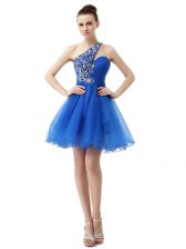 Top Selling One Shoulder Beading Prom Dresses Royal Blue Criss Cross Sleeveless Knee Length