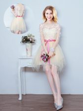 Scoop Champagne Lace Up Vestidos de Damas Lace and Appliques and Ruffles and Bowknot Half Sleeves Mini Length