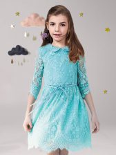  Aqua Blue Scoop Zipper Lace and Sashes ribbons Flower Girl Dress 3 4 Length Sleeve