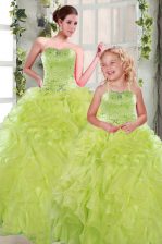  Yellow Green Ball Gowns Beading and Ruffles Quinceanera Gown Lace Up Organza Sleeveless Floor Length