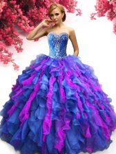 High End Sweetheart Sleeveless Quinceanera Gowns Floor Length Beading and Ruffles Multi-color Organza