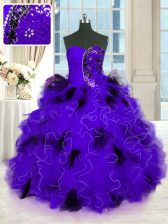 Suitable Sleeveless Floor Length Beading and Ruffles Lace Up Sweet 16 Quinceanera Dress with Black And Purple