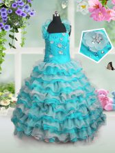 Lovely Blue And White Organza Lace Up Little Girls Pageant Dress Wholesale Sleeveless Floor Length Beading and Appliques and Ruffled Layers