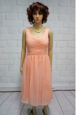 Sophisticated Sleeveless Chiffon Knee Length Lace Up Prom Dress in Peach with Ruching