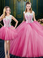  Three Piece Tulle Scoop Sleeveless Zipper Lace and Pick Ups Quinceanera Dress in Pink