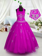  Halter Top Floor Length A-line Sleeveless Fuchsia Little Girls Pageant Dress Wholesale Lace Up