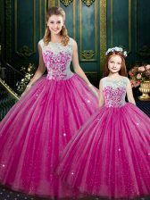 Hot Selling Hot Pink Ball Gowns High-neck Sleeveless Tulle Floor Length Lace Up Lace Sweet 16 Dress