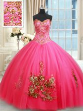 Exceptional Sweetheart Sleeveless Ball Gown Prom Dress Floor Length Beading and Appliques Hot Pink Tulle