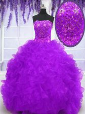  Brush Train Ball Gowns Quinceanera Dresses Eggplant Purple Strapless Organza Sleeveless With Train Lace Up