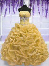  Ball Gowns Ball Gown Prom Dress Gold Strapless Organza Sleeveless Floor Length Lace Up