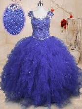 New Style Royal Blue Tulle Lace Up Square Cap Sleeves Floor Length Sweet 16 Quinceanera Dress Beading and Ruffles and Sequins
