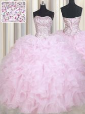  Baby Pink Ball Gowns Beading and Ruffles Quinceanera Gown Lace Up Organza Sleeveless Floor Length