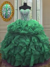  Floor Length Green Vestidos de Quinceanera Organza Sleeveless Beading and Ruffles