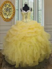Enchanting Straps Light Yellow Sleeveless Organza Zipper Vestidos de Quinceanera for Military Ball and Sweet 16 and Quinceanera