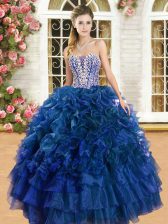  Royal Blue 15th Birthday Dress Military Ball and Sweet 16 and Quinceanera with Beading and Ruffles and Ruffled Layers Sweetheart Sleeveless Lace Up