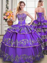  Eggplant Purple Taffeta Lace Up Sweetheart Sleeveless Floor Length Sweet 16 Dress Beading and Embroidery and Ruffled Layers