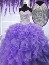  Lavender Organza Lace Up 15 Quinceanera Dress Sleeveless Floor Length Ruffles and Sequins