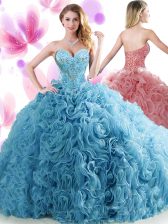 Customized Sweetheart Sleeveless Quince Ball Gowns Brush Train Beading and Ruffles Blue Organza