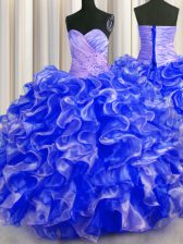  Sweetheart Sleeveless Quinceanera Gowns Floor Length Beading and Ruffles Royal Blue Organza