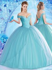  Off the Shoulder Sleeveless Floor Length Beading Lace Up Quince Ball Gowns with Aqua Blue