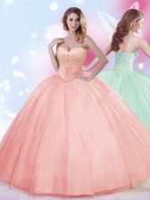  Watermelon Red Ball Gowns Sweetheart Sleeveless Tulle Floor Length Lace Up Beading Vestidos de Quinceanera
