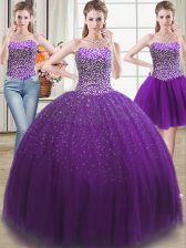 Modern Three Piece Floor Length Ball Gowns Sleeveless Purple Vestidos de Quinceanera Lace Up