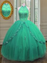  Floor Length Turquoise Quinceanera Gowns Tulle Sleeveless Beading and Appliques