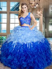 Glittering Floor Length Multi-color 15 Quinceanera Dress Organza Sleeveless Lace and Ruffles