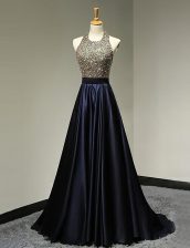 Top Selling Scoop Backless Satin Sleeveless With Train Homecoming Dress Brush Train and Beading
