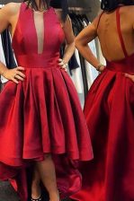 Colorful Scoop Asymmetrical Zipper Prom Party Dress Red for Prom with Pleated