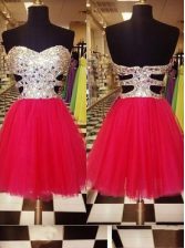 Simple Red Tulle Zipper Sweetheart Sleeveless Mini Length Homecoming Dress Sequins