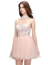  Pink A-line Organza High-neck Sleeveless Beading Mini Length Zipper Prom Party Dress