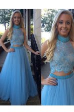  Floor Length Zipper Prom Party Dress Baby Blue for Prom and Party with Beading and Appliques