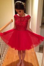 Enchanting Tulle Bateau Cap Sleeves Zipper Beading Homecoming Dress in Red