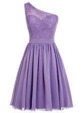  A-line Prom Dresses Lavender One Shoulder Chiffon Sleeveless Ankle Length Side Zipper
