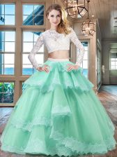 Cheap Apple Green Tulle and Lace Zipper Scoop Long Sleeves Floor Length Sweet 16 Dresses Beading and Lace and Ruffled Layers