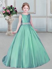 Scoop Apple Green Sleeveless With Train Beading Lace Up Kids Formal Wear