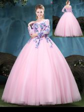  Ball Gowns Quinceanera Gowns Baby Pink Scoop Tulle Long Sleeves Floor Length Lace Up